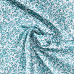 Tissu Coton imprimé Arty Léonie Menthe et bleu sur fond Blanc
