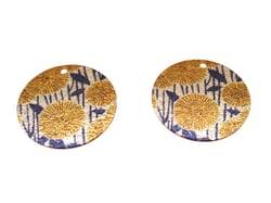 2 Breloques rondes pailletées 20mm imprimé fleur doré jaune bleu