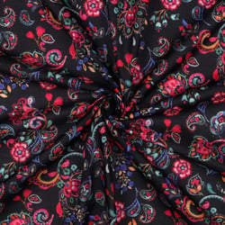 Tissu Voile de Coton digital fleurs Multicolores sur fond Noir