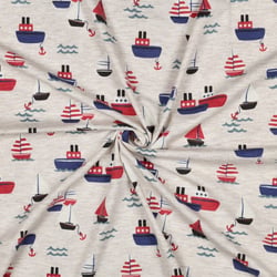 Tissu Jersey Coton mélangé Nolan petits bateaux sur fond Gris clair