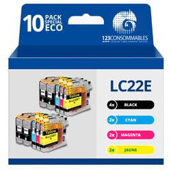 123CONSOMMABLES - LC-22E - Pack 10 cartouches compatibles avec BROTHER MFC-J5920DW LC22E (4 Noir / 2 Cyan / 2 Magenta / 2 Jaune) - 123CONSOMMABLES