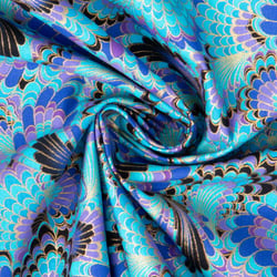 Tissu Coton imprimé Foil Arty Osaka éventails paon sur fond Bleu turquoise