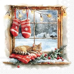 4 serviettes en papier découpage collage 33 cm CHAT DE NOEL A LA FENETRE