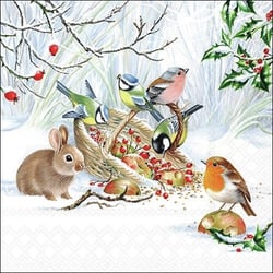 Lot de 4 serviettes en papier découpage collage 33 cm OISEAU HIVER FRUIT LAPIN O 102