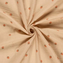 Tissu Double gaze de Coton Petites fraises sur fond Rose