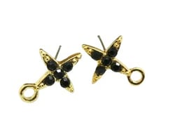 Paire boucles d'oreilles puce croix 10*13mm doré et strass noir