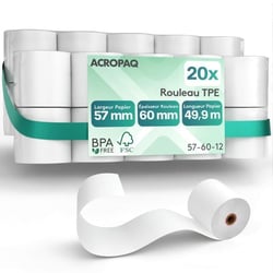 20 Rouleaux de Caisse 57x60x12mm- Thermique 49,9 m-Terminaux de paiement- 20 Bobines TPE- Sans BPA- Dimension Universelle- ACROPAQ