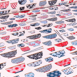 Tissu Coton imprimé Arty Bol ramen rouge sur fond Blanc