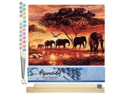 Peinture par Numéro Figured'Art - Eléphants au Coucher du soleil - Kit de Loisir Créatif DIY Numéro d'Art Complet - 40x50cm toile roulée + châssis en bois à monter