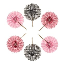 6 éventails en papier rose et noir