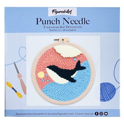 Figured'Art Punch Needle Kit Complet pour Adultes et Enfants - Jolie Baleine bleue - Parfait pour Débutant. Set prêt à broder taille 20x20cm avec cadre circulaire