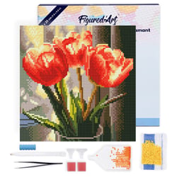 Mini Diamond Painting Broderie Diamant Figured’Art 25x25cm toile tendue sur châssis en bois - diamants ronds - Tulipes Pêche