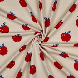 Tissu Jersey Coton Bio imprimé Pomme rouge sur fond Beige