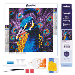 Mini Diamond Painting Broderie Diamant Figured’Art 25x25cm toile entière roulée avec diamants ronds - Paon Élégant