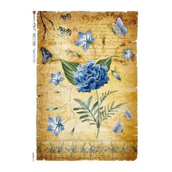 1 feuille de papier de riz 22.5 x 32 cm découpage collage Paper Designs FLEUR BLEUE PAPILLON 0340