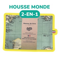 Housse de livre 2-en-1 pliable - Carte du monde fond bleu - Lizia
