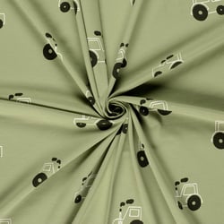 Tissu Jersey Coton Tracteurs blancs et noirs sur fond Vert