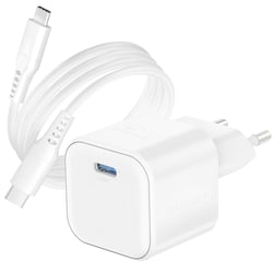 Swissten Chargeur Secteur GaN USB-C PD 20W avec Câble USB-C vers USB-C 1.2m Blanc
