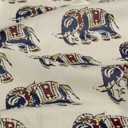 Tissu Voile de Coton Jaipur éléphants Bleus sur fond Beige - Au mètre