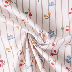 Tissu Coton imprimé Arty Cerises et rayures sur fond Blanc cassé