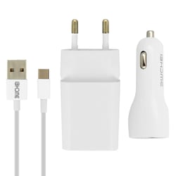 Avizar Pack Chargeur Secteur 2.1A + chargeur voiture 2.1A + câble USB Type C 1m Blanc