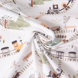 Tissu Coton imprimé digital La ferme Trip sur fond Blanc