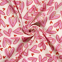 Tissu Double gaze de Coton Paris coeurs Rose sur fond Blanc cassé