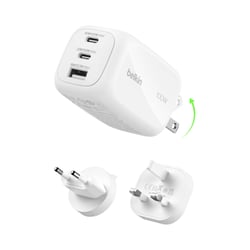 chargeur secteur gan usb-c 100w max pd-pps : 2 usb-c 100w + 1 usb-a 22.5w - blanc - belkin