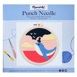 Figured'Art Punch Needle Kit Complet pour Adultes et Enfants - Baleine bleue et Fillette - Parfait pour Débutant. Set prêt à broder taille 20x20cm avec cadre circulaire