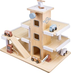 Mamabrum Garage pour Voitures en Bois – Parking avec Piste d'Atterrissage 4 Voitures 1 Hélicoptère 1 Pompe à Essence & Accessoires