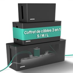 3 Boites cache cable- 3 Boites rangement cable 3 en 1- 3 tailles (S, M, L)- cache multiprise- ABS- Noir- ACROPAQ