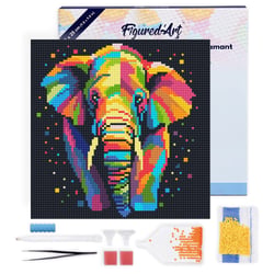 Mini Diamond Painting Broderie Diamant Figured’Art 25x25cm toile tendue sur châssis en bois - diamants ronds - Éléphant Abstrait Pop Art