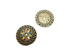 4 Pendentifs connecteurs ronds 25mm style bohême bronze et émail rose/bleu/jaune