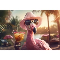 Tableau sur toile Flamant rose chic avec cocktail 30x45 cm