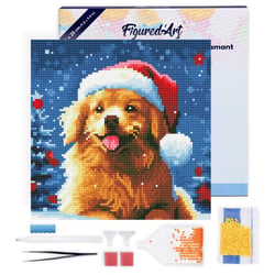 Mini Diamond Painting Broderie Diamant Figured’Art 25x25cm toile tendue sur châssis en bois - diamants ronds - Chien Mignon à Noël