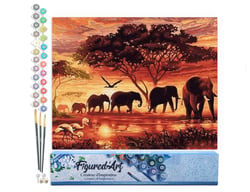 Peinture par Numéro Figured'Art - Eléphants au Coucher du soleil - Kit de Loisir Créatif DIY Numéro d'Art Complet - 40x50cm sans châssis en bois