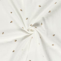 Tissu Double gaze de Coton Abeilles brodées sur fond Ecru