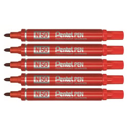 Lot de 5 marqueurs permanents - PENTEL N50 - Pointe ogive 2 mm - Rouge