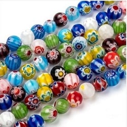 Fil de 46 perles de verre rondes 8 mm millefiori assorties L8 5520