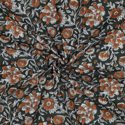 Tissu Coton indien Block print Fleuris Véro sur fond Vert foncé