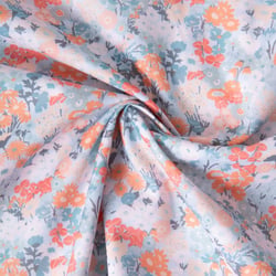 Tissu Popeline de Coton légère Petites fleurs bleues et oranges sur fond Blanc