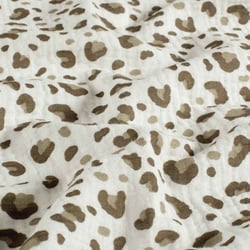 Tissu Double gaze de Coton motif panthère Taupe et Beige sur fond Blanc cassé