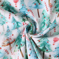 Tissu Coton imprimé  Isalya forêt sucrée Verte sur fond Blanc - Au mètre