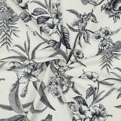 Tissu Viscose Lin grand Herbier Bleu marine sur fond Ecru