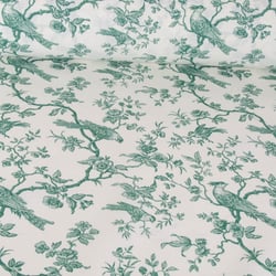 Tissu Coton imprimé aspect toile Mesange Vert sur fond Blanc - Au mètre