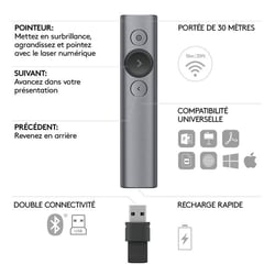Télécommande de présentation Logitech Spotlight - Ardoise - 30 m - 49,2 g