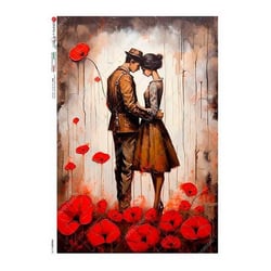 1 feuille de papier de riz 22.5 x 32 cm découpage collage Paper Designs LOVE COQUELICOT RETRO 0137