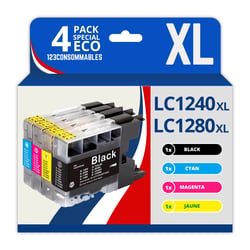 123CONSOMMABLES - LC1220/LC1240/LC1280 - Cartouches Encre Compatible avec Brother DCP-J725DW DCP-J925DW MFC-J430 MFC-J5910DW MFC-J625DW MFC-J6510DW MFC-J6910DW (1 Noir / 1 Cyan / 1 Magenta 1 Jaune) - 123CONSOMMABLES