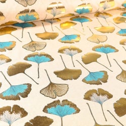 Tissu Toile Coton Feuilles Gingko dorés et bleues sur fond Naturel