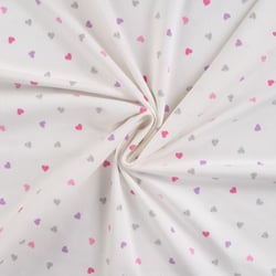 Tissu Jersey Coton Coeurs roses, lilas et argent pailleté sur fond Blanc